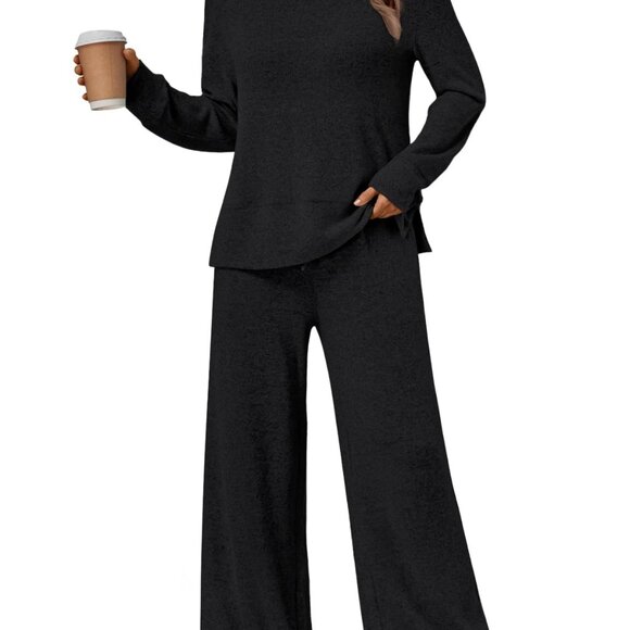 Soft Lounge Set Wide Leg Pants Side Slit Top Comfy Pajamas